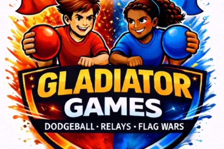 Two cartoon kids with dodgeballs and flags; text: 'Gladiator Games Dodgeball Relays Flag Wars'.