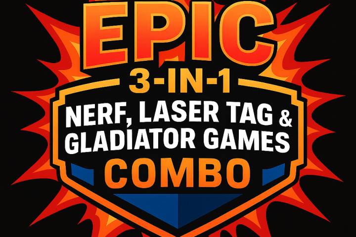 Epic 3-in-1 Nerf, Laser Tag & Gladiator Games Combo text on burst background.