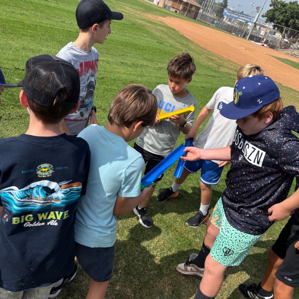 Group of children on a grassy field holding colorful foam sticks.