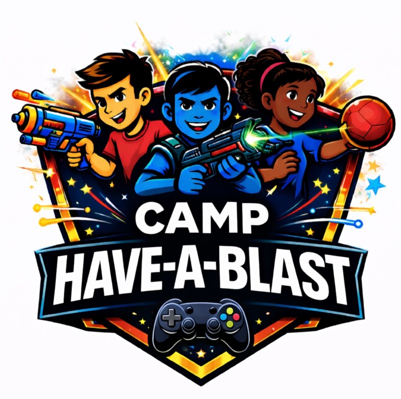 Logo with cartoon kids holding a water gun, laser tag gun, and ball. Text: 'Camp Have-A-Blast' with a game controller.